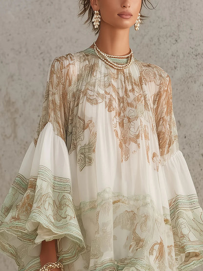 Minivestido de gasa a rayas verdes con mangas con volantes.
