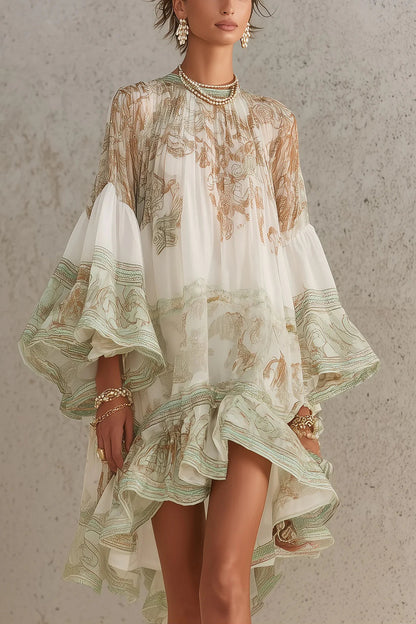 Minivestido de gasa a rayas verdes con mangas con volantes.