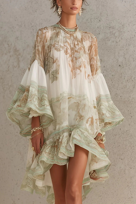 Minivestido de gasa a rayas verdes con mangas con volantes.