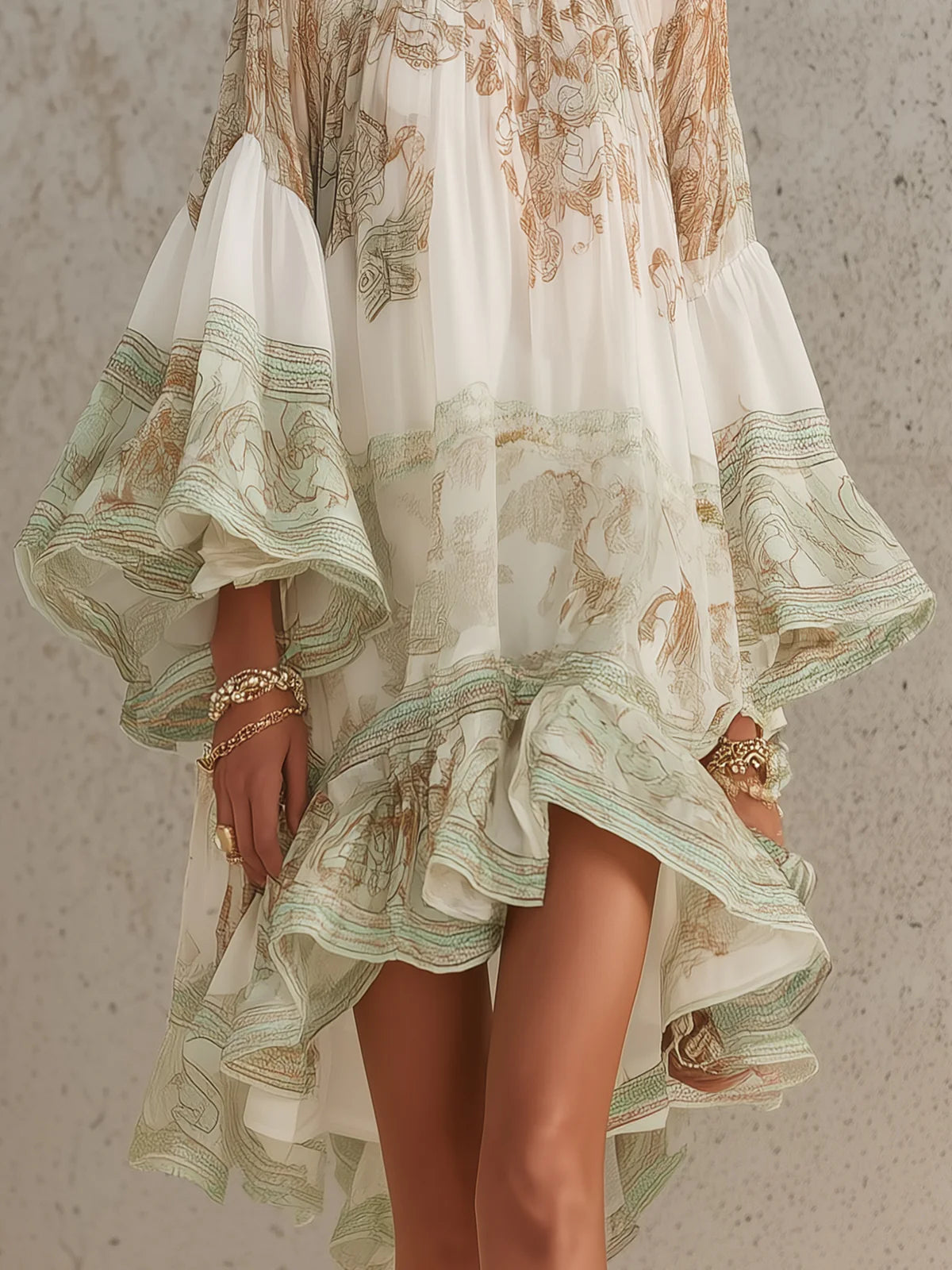 Minivestido de gasa a rayas verdes con mangas con volantes.