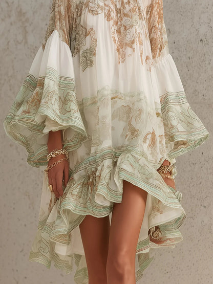 Minivestido de gasa a rayas verdes con mangas con volantes.