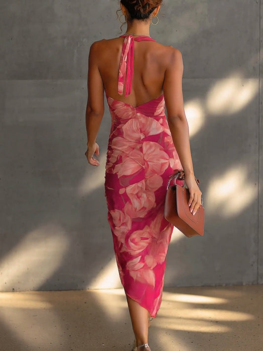 Vestido ajustado sin mangas con estampado floral fucsia