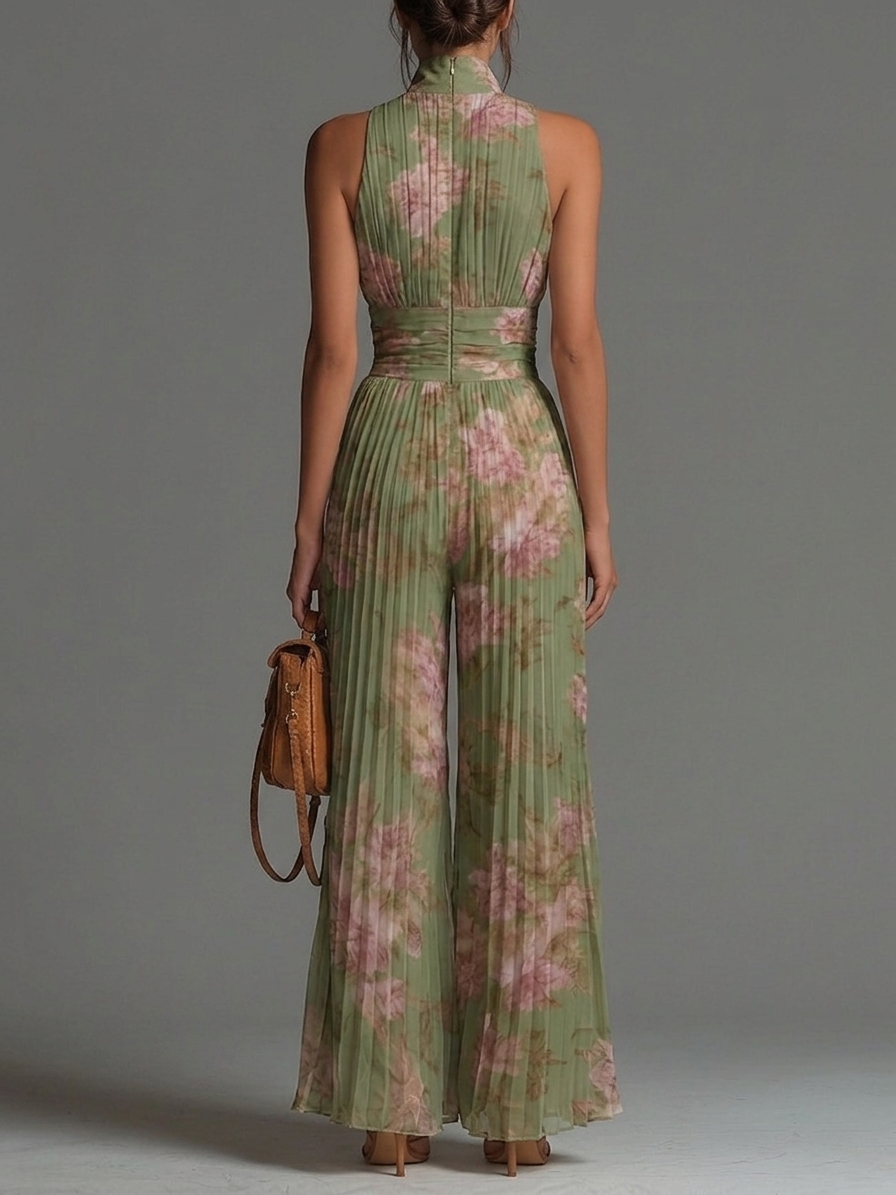 Mono de gasa verde sin mangas con estampado floral y cremallera.
