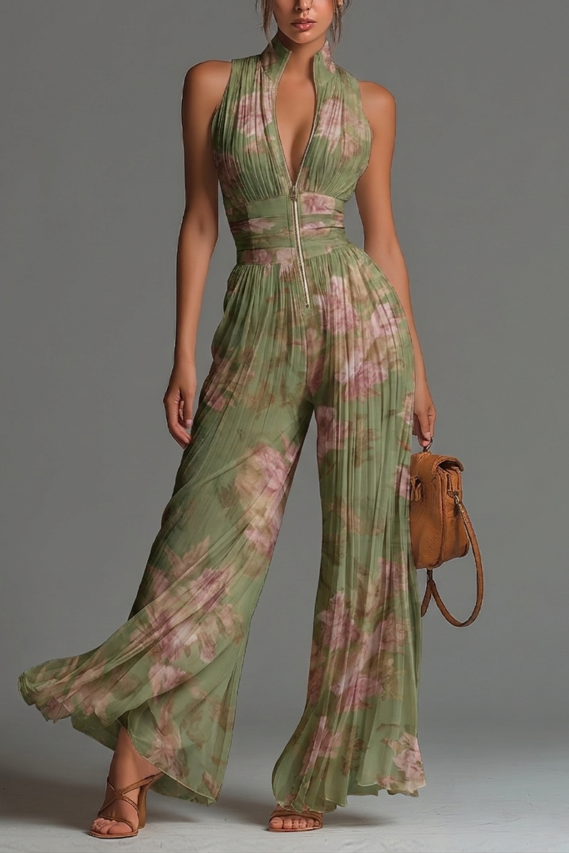 Mono de gasa verde sin mangas con estampado floral y cremallera.