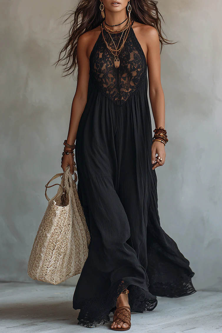 Vestido largo bohemio negro sin mangas de encaje