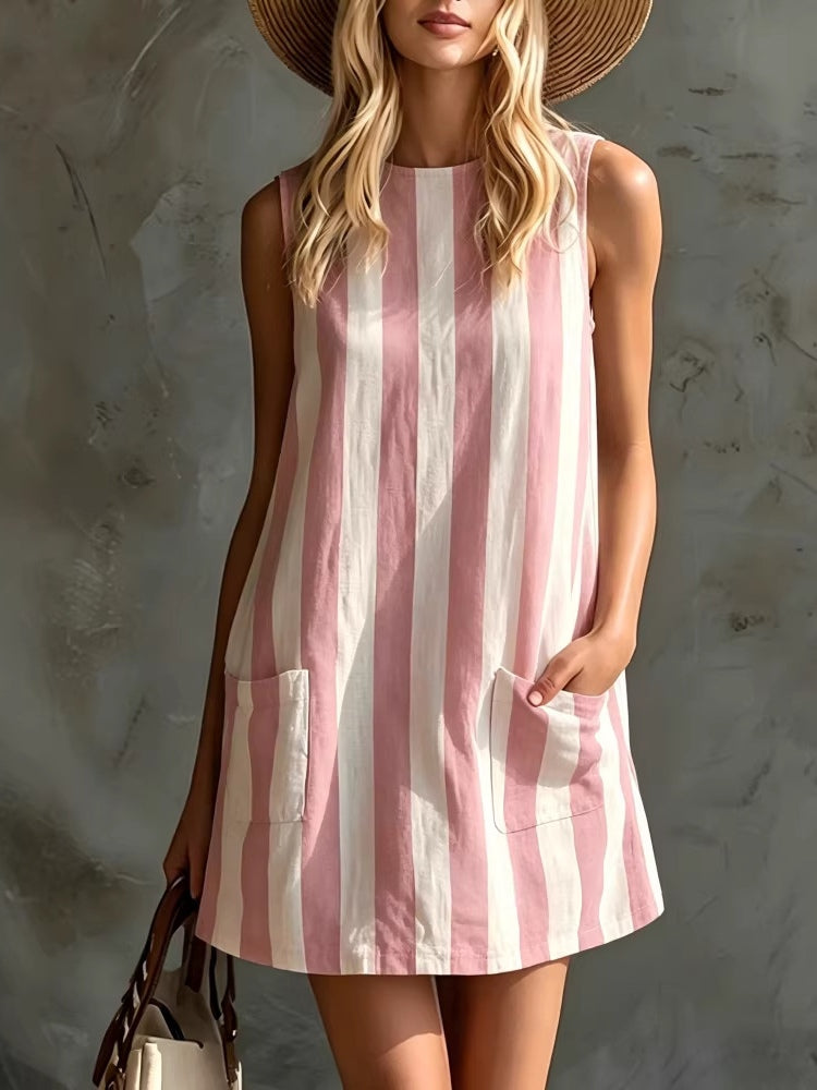 Vestido mini sin mangas a rayas con cuello redondo