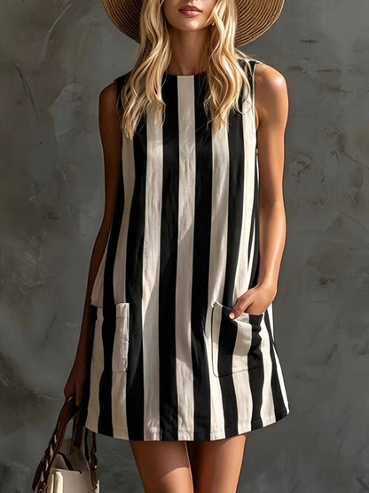 Vestido mini sin mangas a rayas con cuello redondo
