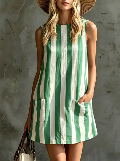 Vestido mini sin mangas a rayas con cuello redondo