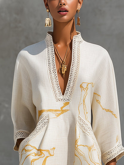Vestido mini de viscosa estampado en dorado y marfil