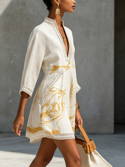 Vestido mini de viscosa estampado en dorado y marfil