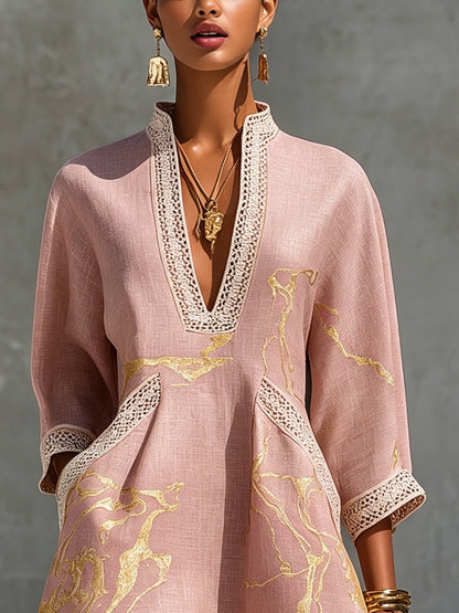 Vestido mini con cuello en V en oro rosa estampado