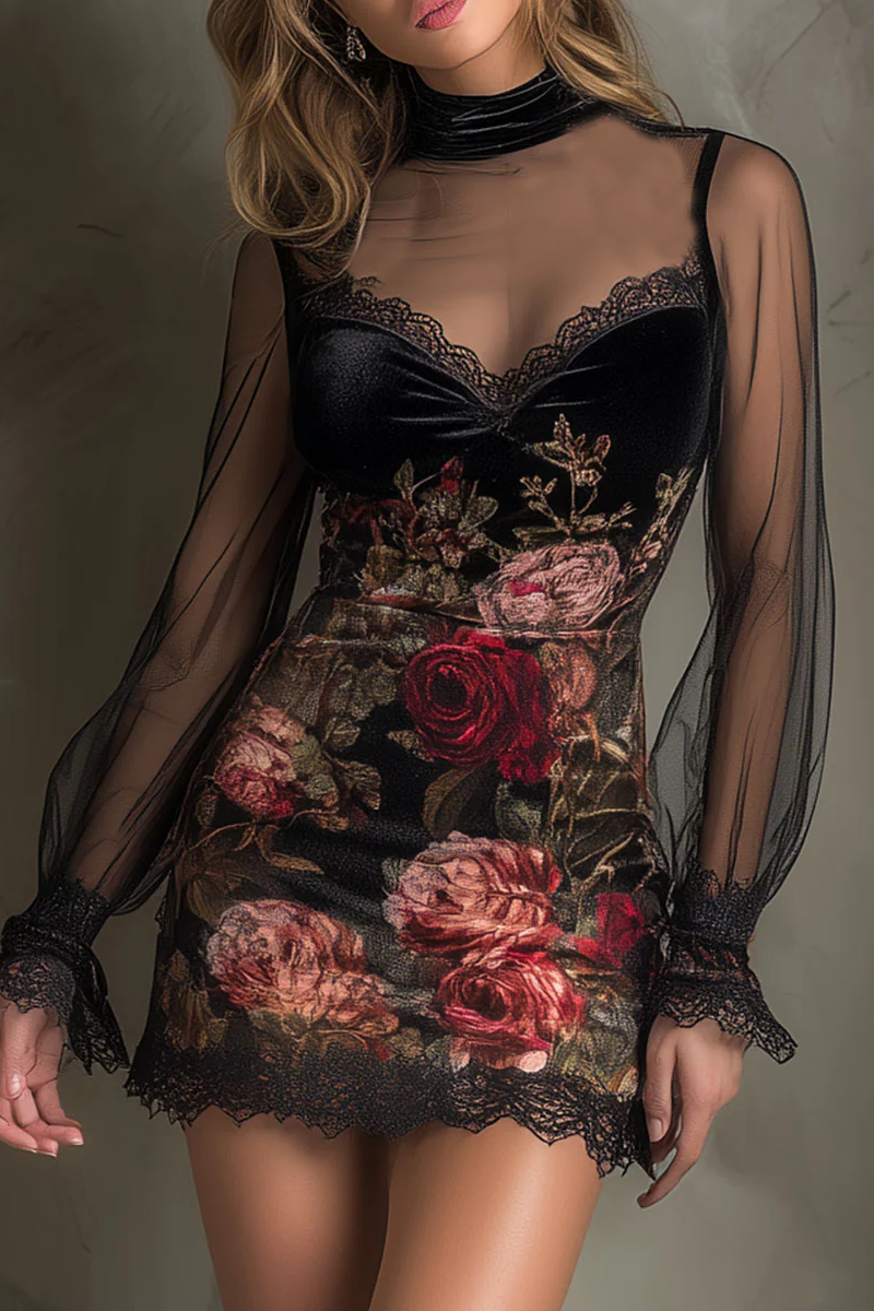 Vestido mini de tul con estampado de rosas y encaje