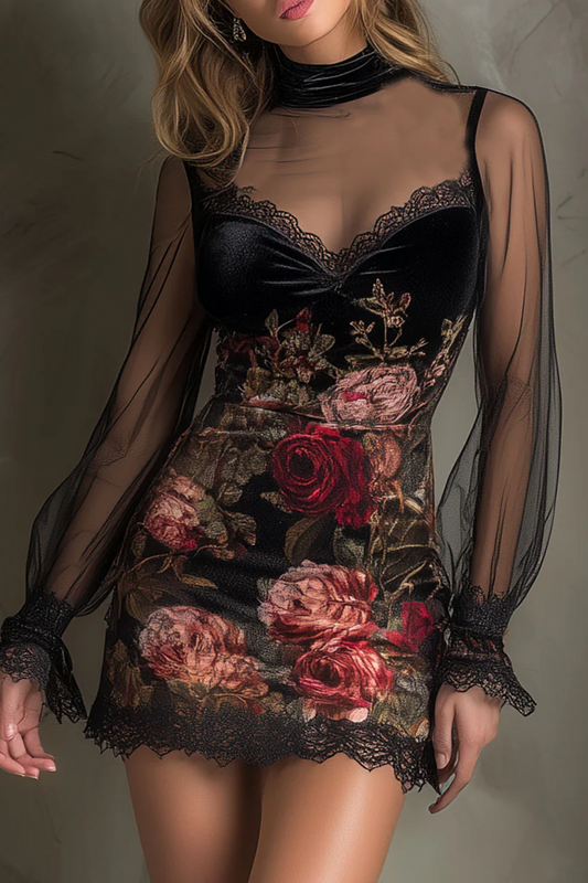 Vestido mini de tul con estampado de rosas y encaje