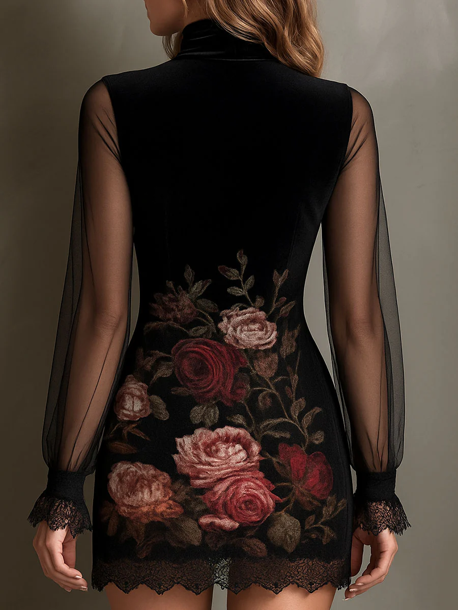 Vestido mini de tul con estampado de rosas y encaje