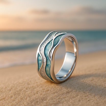 Anillo de plata con diseño de olas turquesas