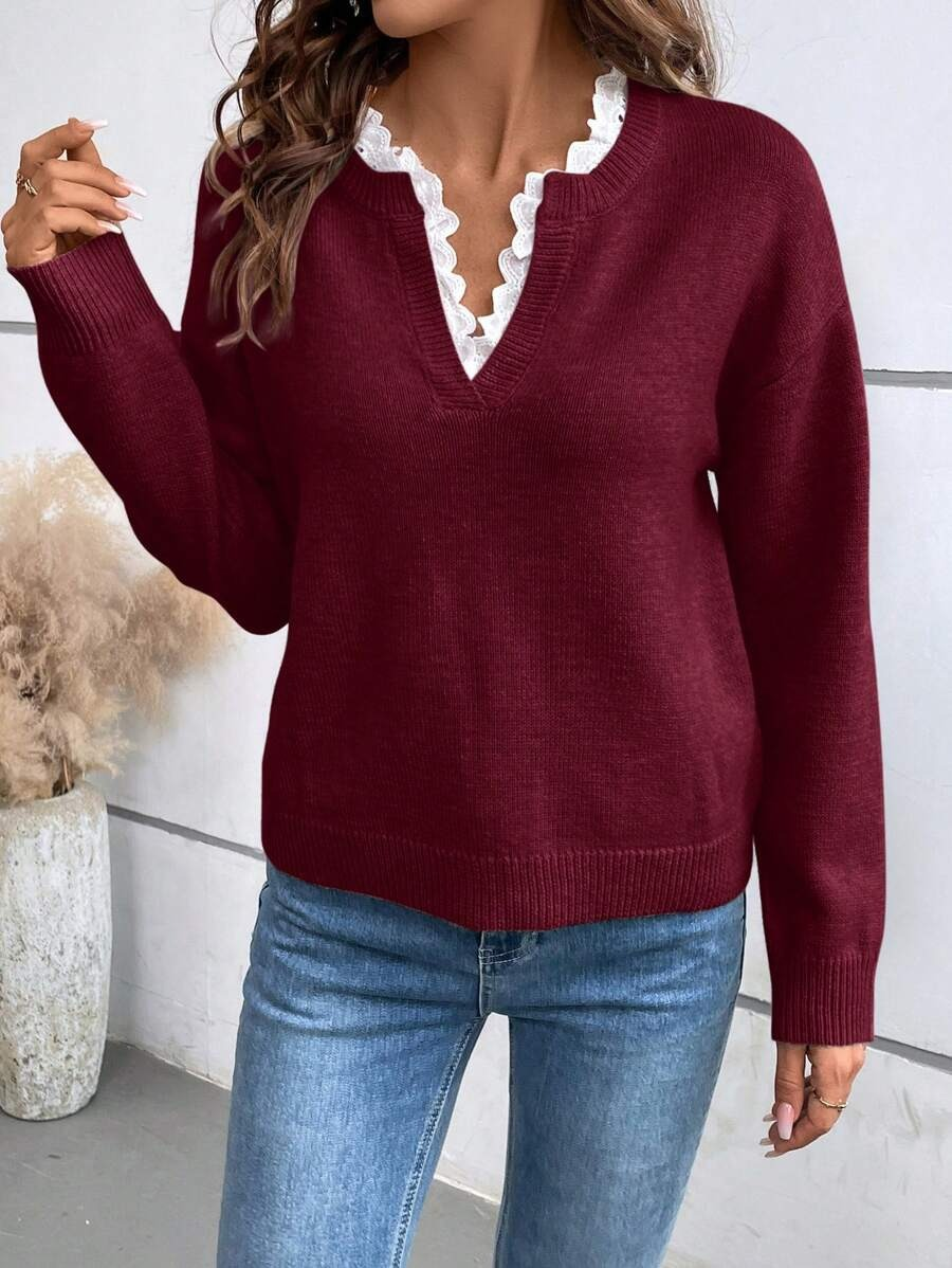 GILLIAN™ | SUÉTER DE CUELLO EN V CON RIBETE DE ENCAJE