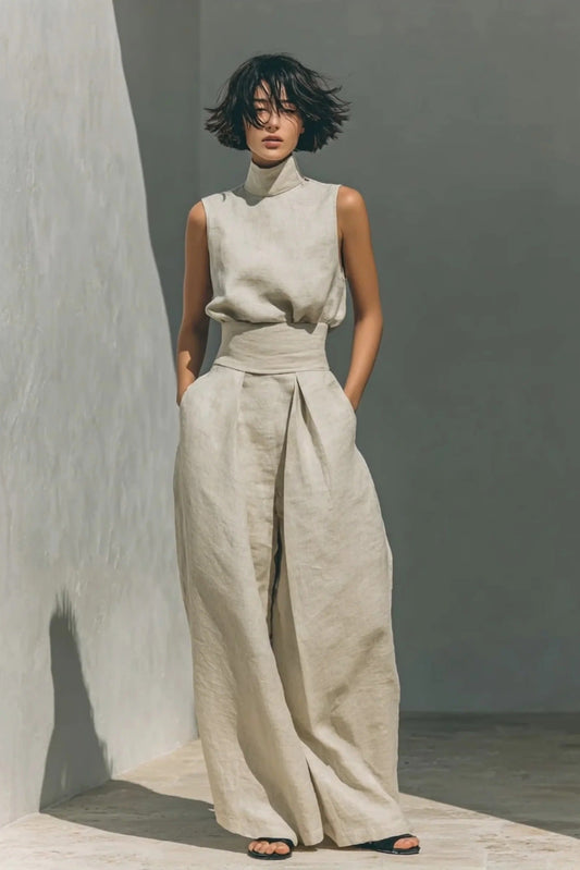 Conjunto Aura de Lino – Blusa Cuello Alto y Pantalón Palazzo