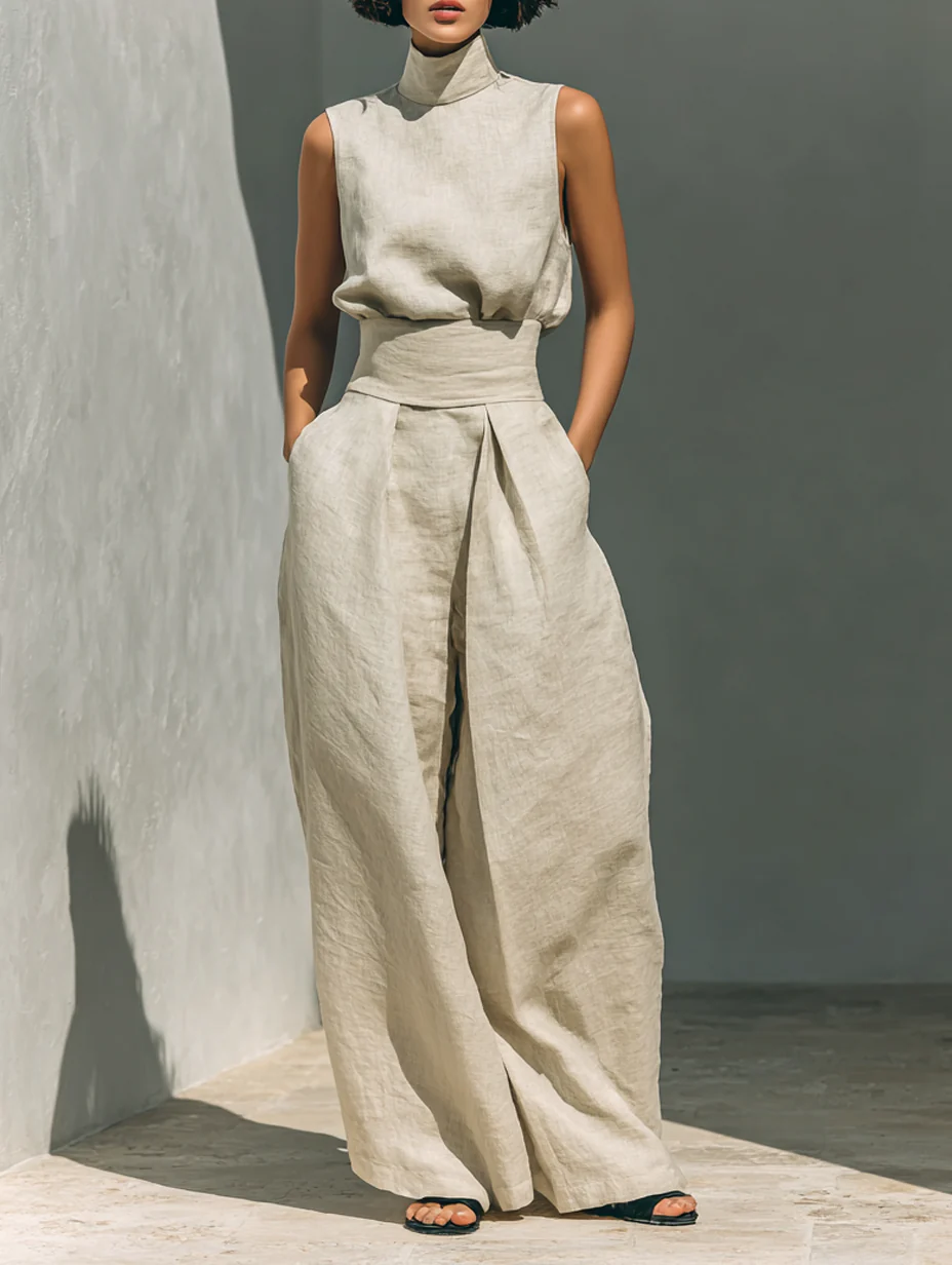 Conjunto Aura de Lino – Blusa Cuello Alto y Pantalón Palazzo