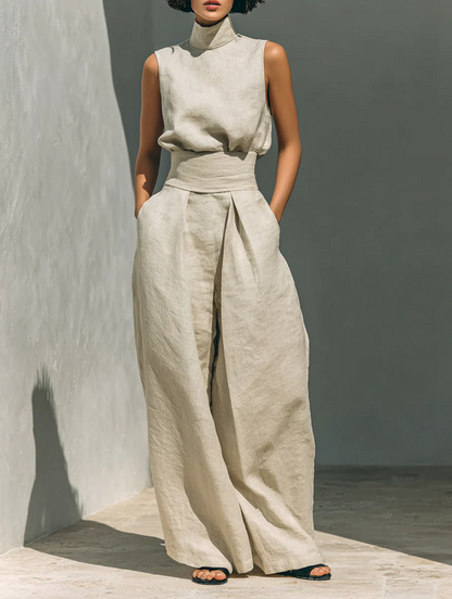 Conjunto Aura de Lino – Blusa Cuello Alto y Pantalón Palazzo