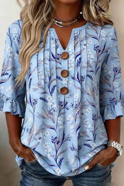 Blusa Floral Vintage Celeste – Elegancia Casual de Manga Acampanada