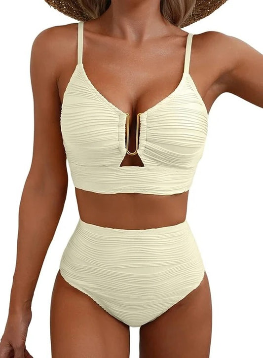 Bikini Elegance | Cintura Alta y Escote con Detalle Dorado