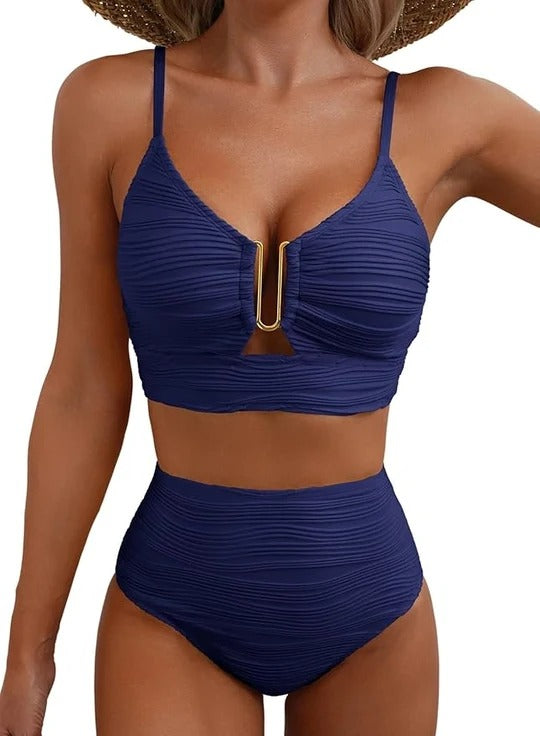 Bikini Elegance | Cintura Alta y Escote con Detalle Dorado