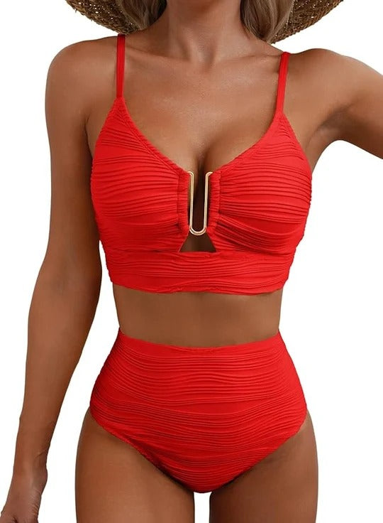 Bikini Elegance | Cintura Alta y Escote con Detalle Dorado