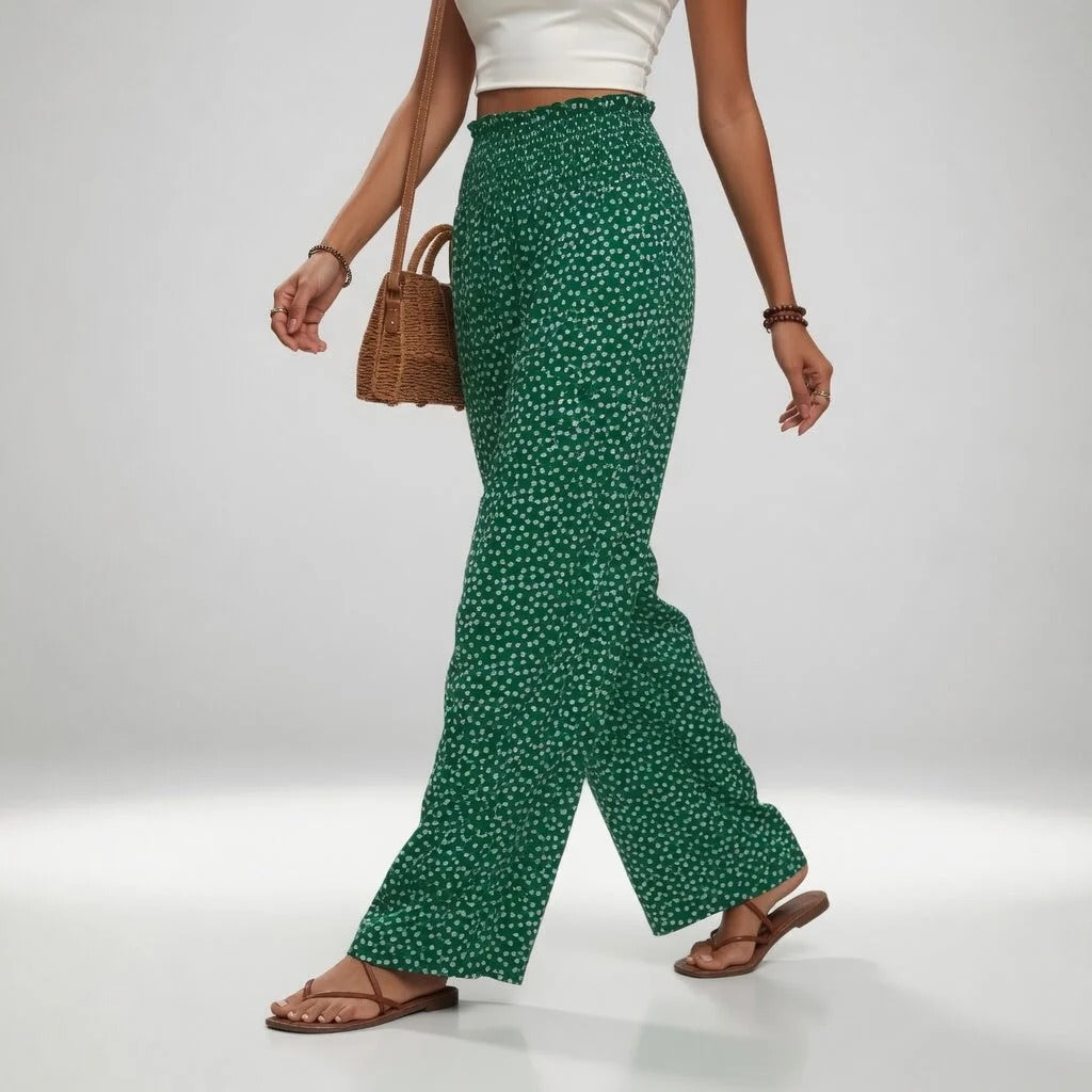 Pantalón Palazzo Mujer con Estampado Floral y Cintura Elástica