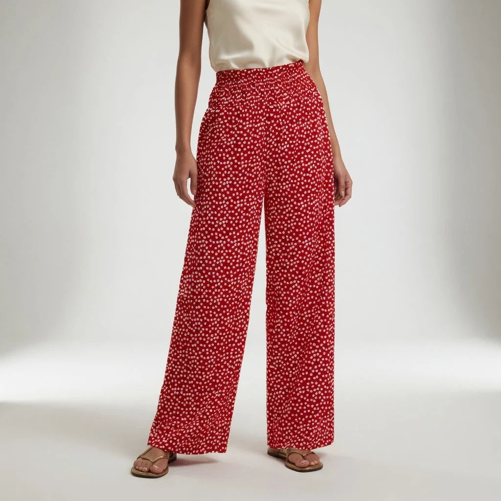 Pantalón Palazzo Mujer con Estampado Floral y Cintura Elástica