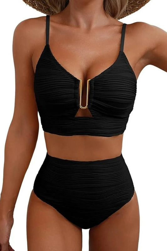 Bikini Elegance | Cintura Alta y Escote con Detalle Dorado
