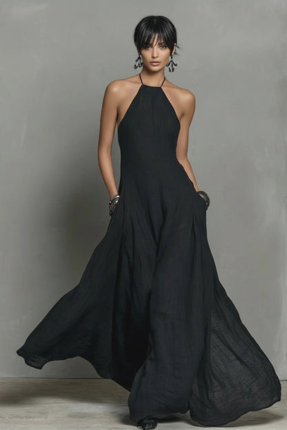 Vestido Maxi Noire de Lino con Escote Halter