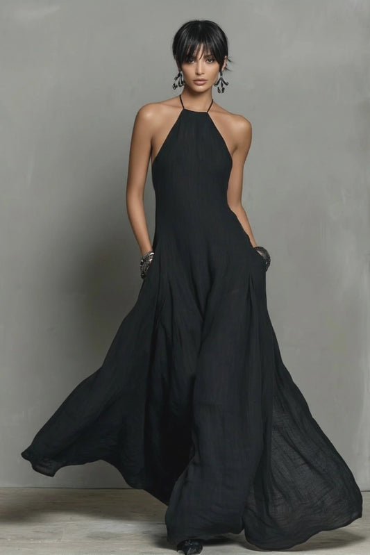 Vestido Maxi Noire de Lino con Escote Halter