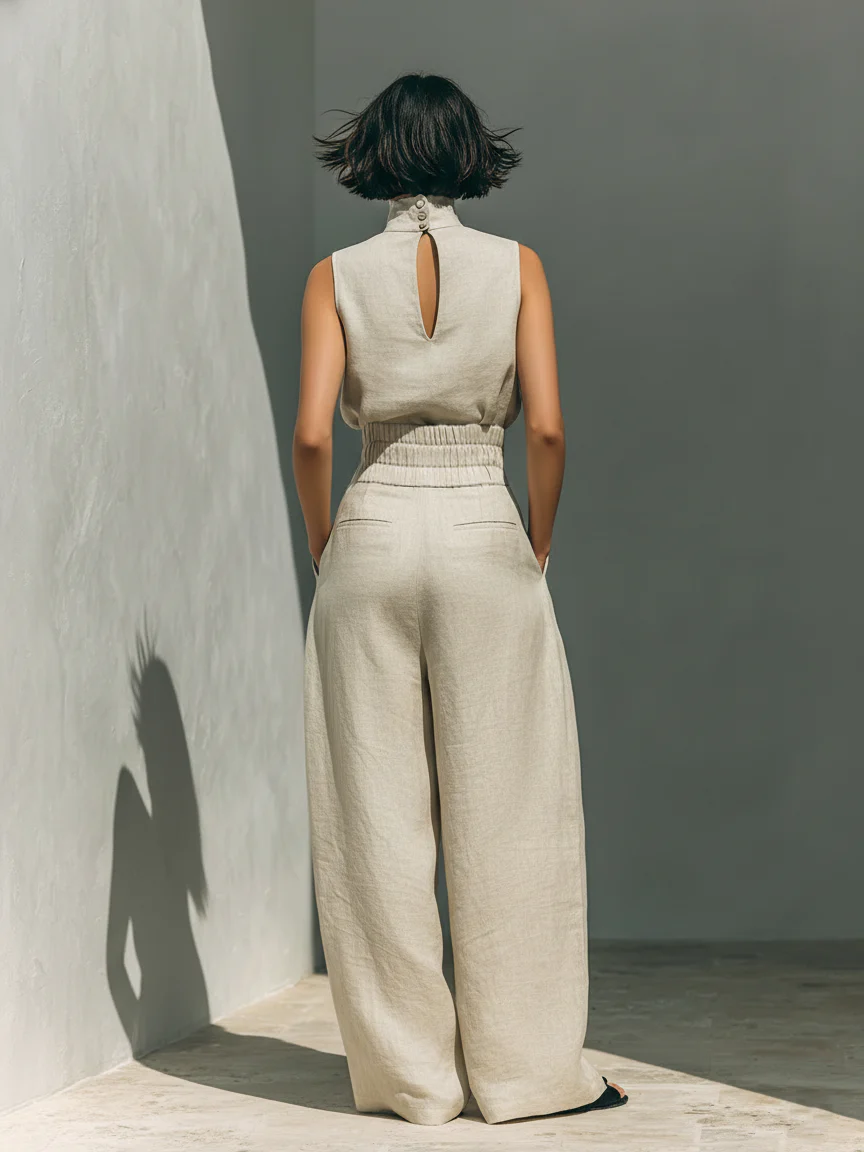 Conjunto Aura de Lino – Blusa Cuello Alto y Pantalón Palazzo