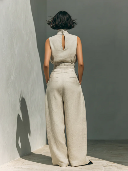 Conjunto Aura de Lino – Blusa Cuello Alto y Pantalón Palazzo