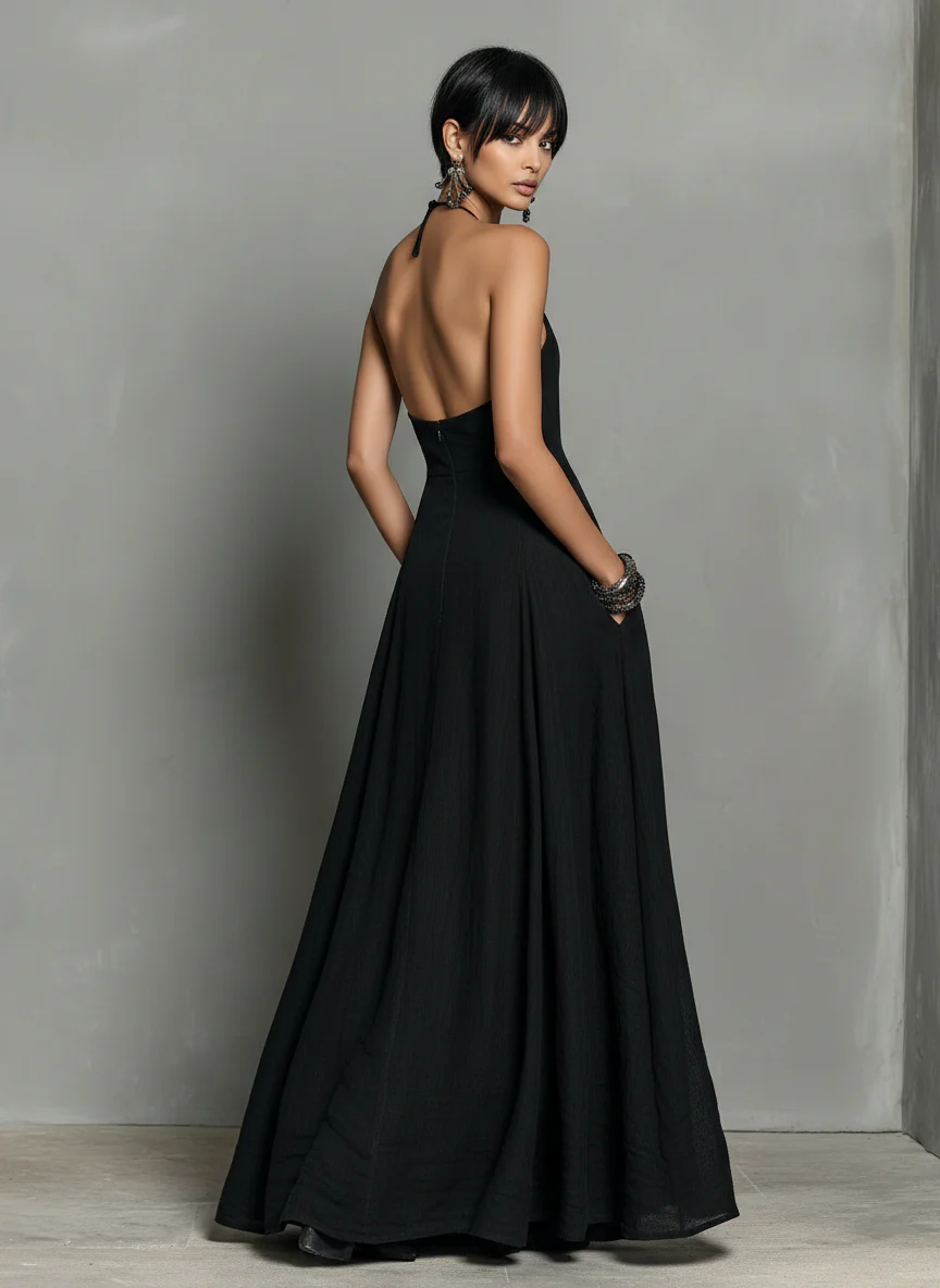 Vestido Maxi Noire de Lino con Escote Halter