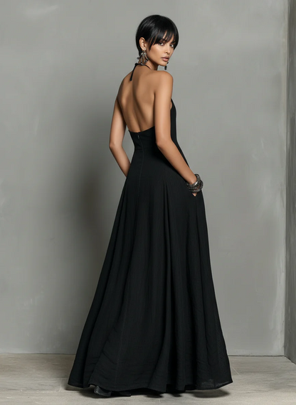 Vestido Maxi Noire de Lino con Escote Halter