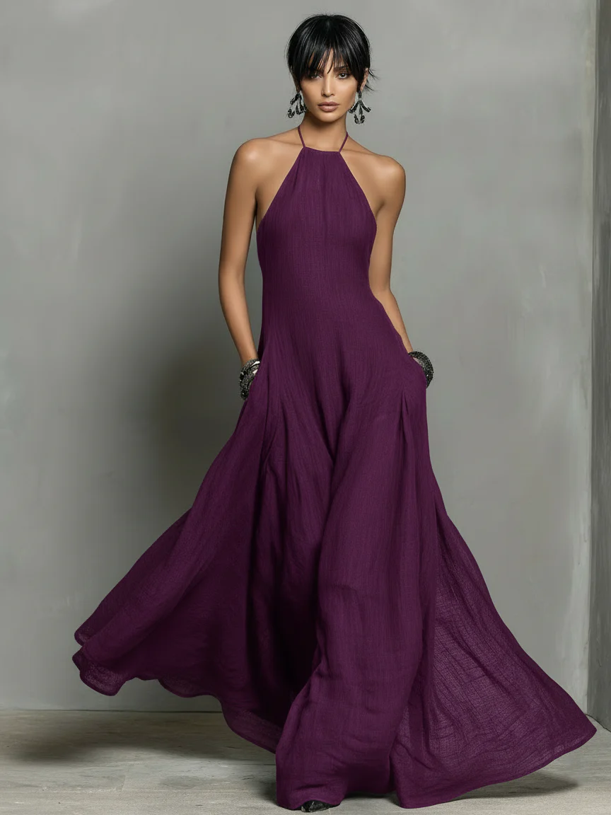 Vestido Maxi Noire de Lino con Escote Halter