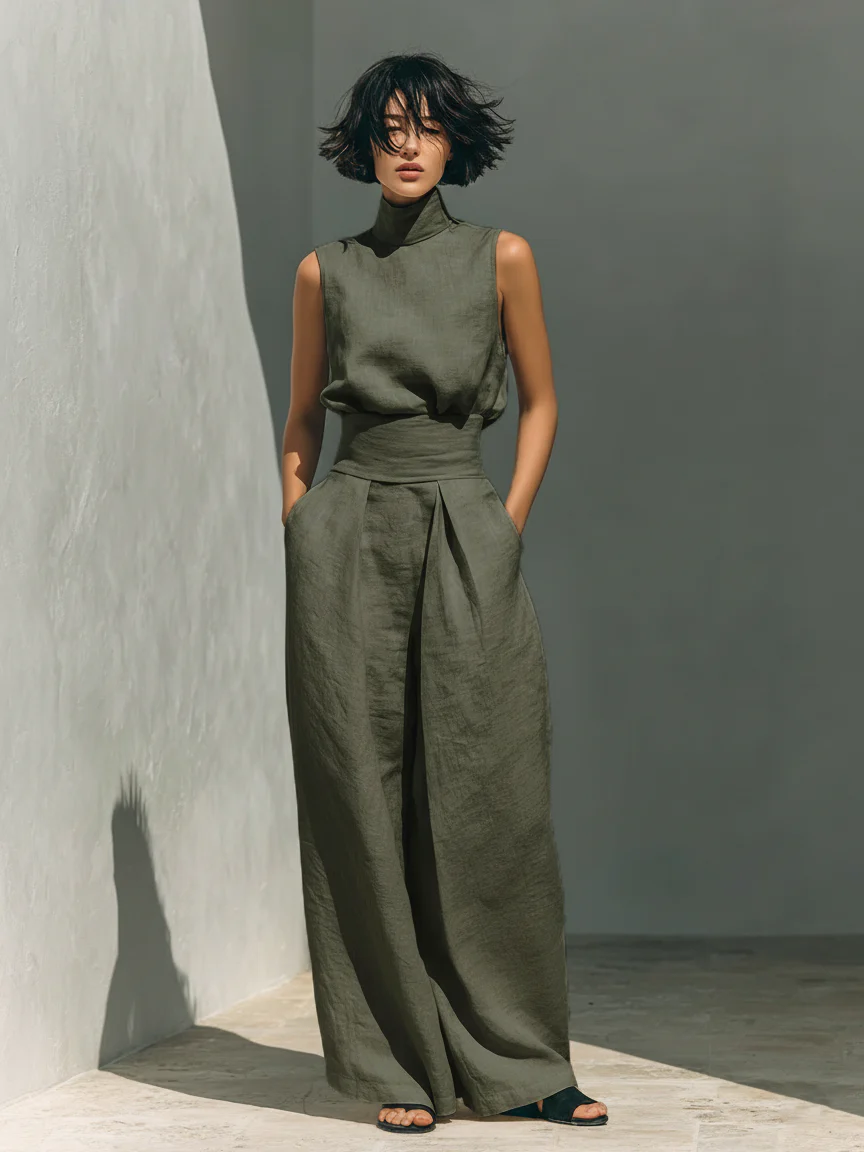 Conjunto Aura de Lino – Blusa Cuello Alto y Pantalón Palazzo