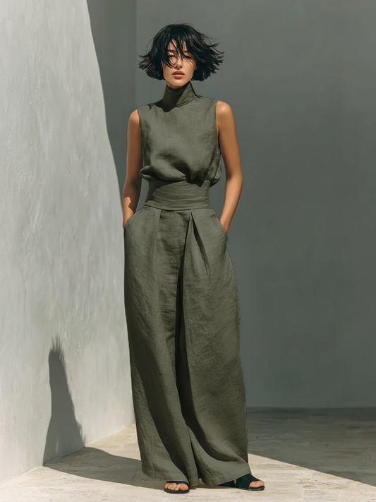 Conjunto Aura de Lino – Blusa Cuello Alto y Pantalón Palazzo
