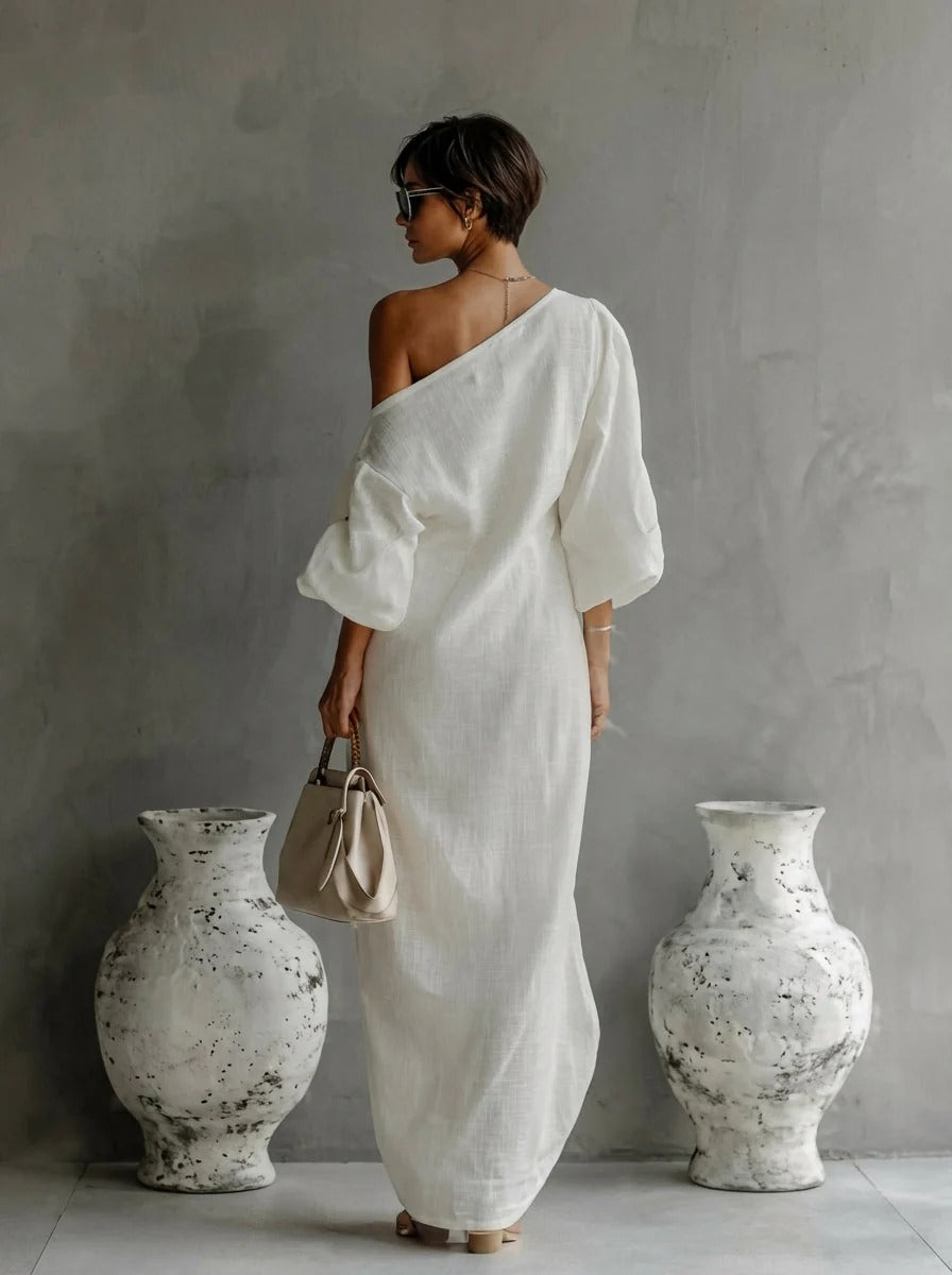 Vestido Largo Asimétrico de Lino – Elegancia Atemporal