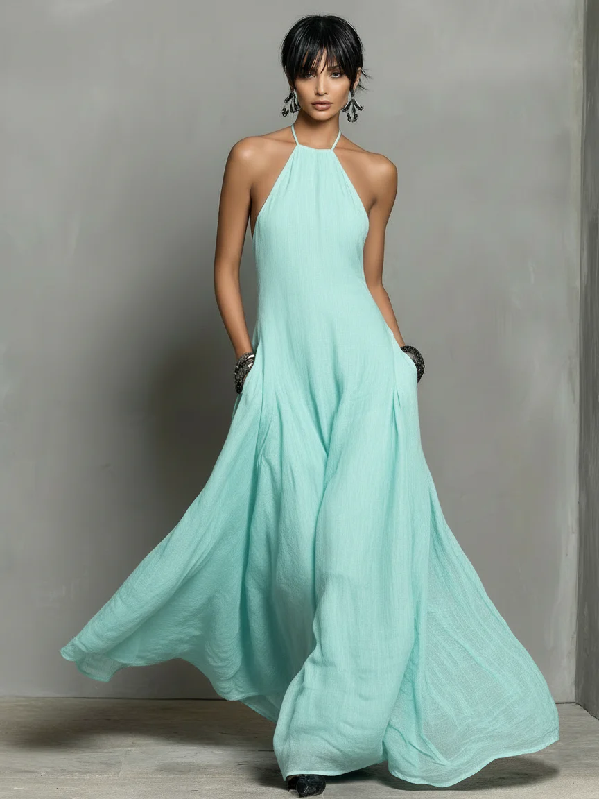 Vestido Maxi Noire de Lino con Escote Halter
