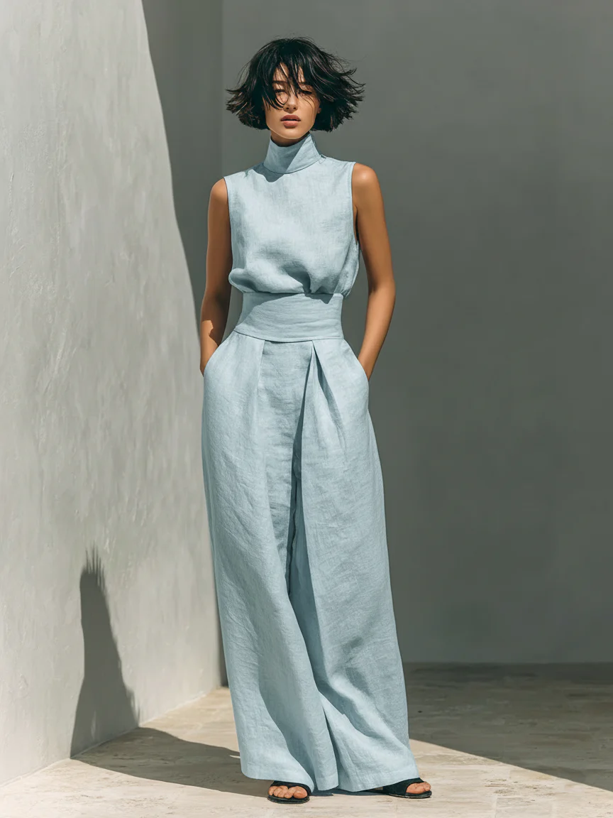 Conjunto Aura de Lino – Blusa Cuello Alto y Pantalón Palazzo