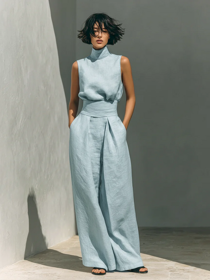 Conjunto Aura de Lino – Blusa Cuello Alto y Pantalón Palazzo