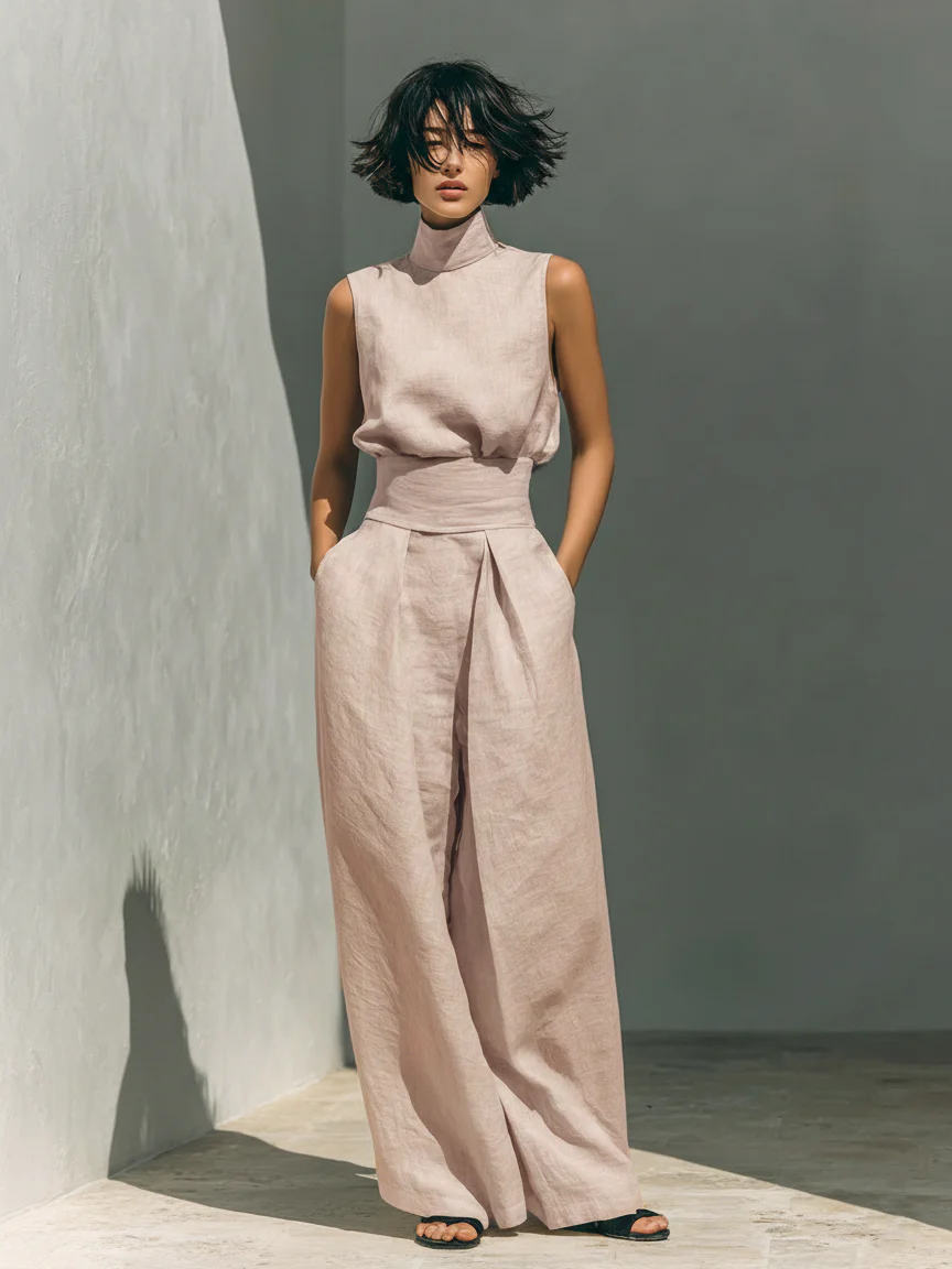 Conjunto Aura de Lino – Blusa Cuello Alto y Pantalón Palazzo