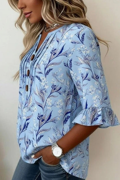 Blusa Floral Vintage Celeste – Elegancia Casual de Manga Acampanada