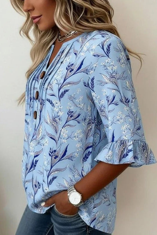 Blusa Floral Vintage Celeste – Elegancia Casual de Manga Acampanada