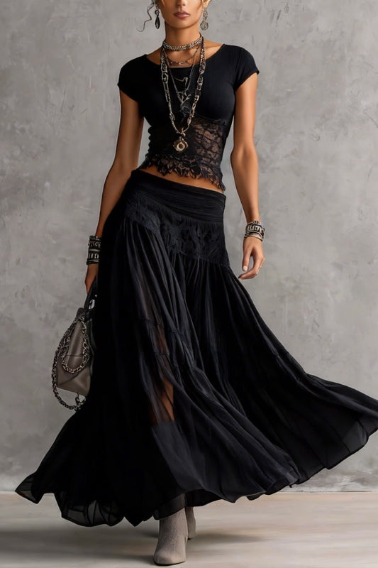Conjunto de top de encaje negro transparente y falda larga plisada